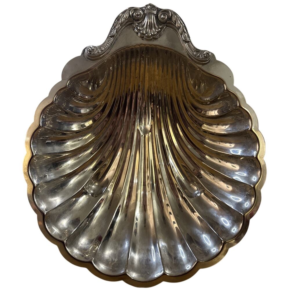 Vintage Silverplate Shell Serving Bowl Ornate Scrolled Handle Centerpiece